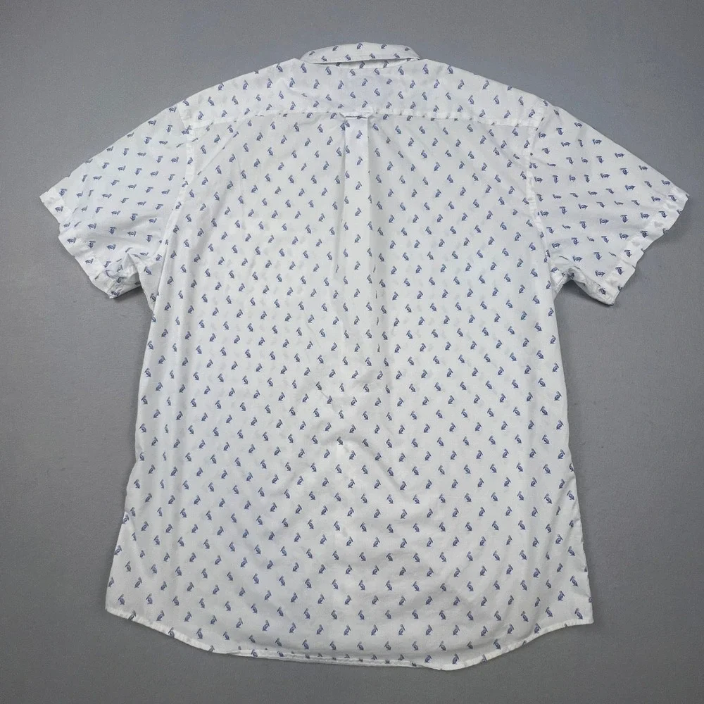 Coastal Button Down Shirt Mens XL White Blue Pelican‎ Bird Print Short Sleeve